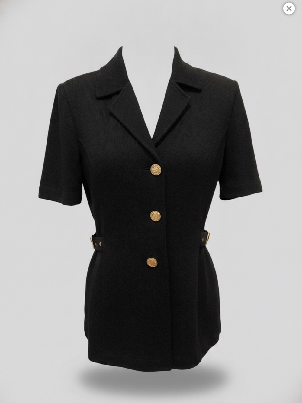 St. John Black Short-Sleeve Knit Blazer with Gold Buttons
